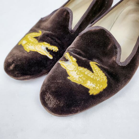 Stubbs & Wootton Brown Velvet Golden Gator Flat Hunter/Smoking Slippers Size 8.5 - Picture 2 of 9